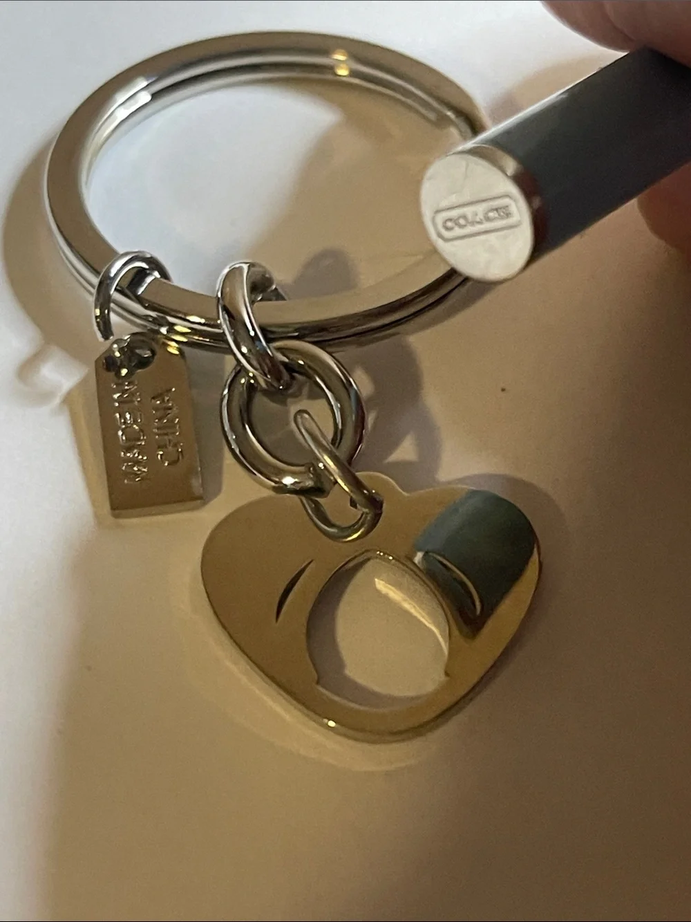 Coach Silver-Tone Heart Keyring with Navy and Light Blue Enamel & Pale Blue Pen